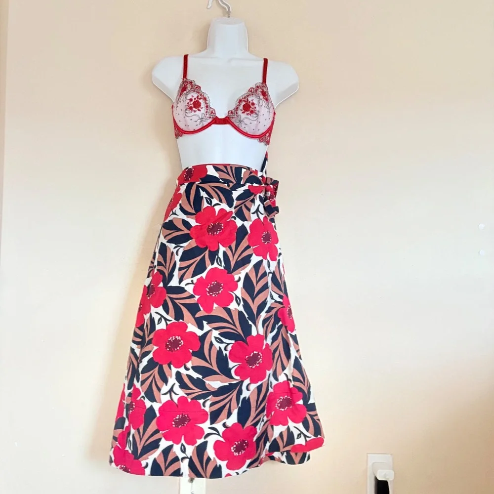 Kate Spade New York Red Floral Midi Wrap‎ Tie Skirt Poppy Fields Print A-Line 2